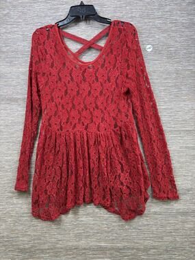BKE Sheer Lace Tunic Top Womens Size L Red Long Sleeve Ruffle Hem Boho